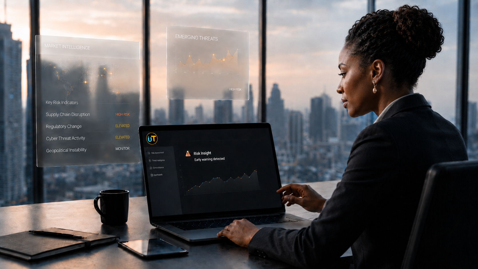 Executive reviewing risk intelligence dashboard with market intelligence and emerging threats panels